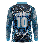 Custom Barramundi Fishing Long Sleeve Polo Shirt Indigenous Aboriginal Dot Art Blue Fish