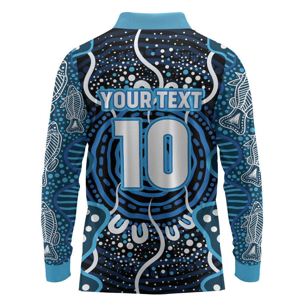 Custom Barramundi Fishing Long Sleeve Polo Shirt Indigenous Aboriginal Dot Art Blue Fish