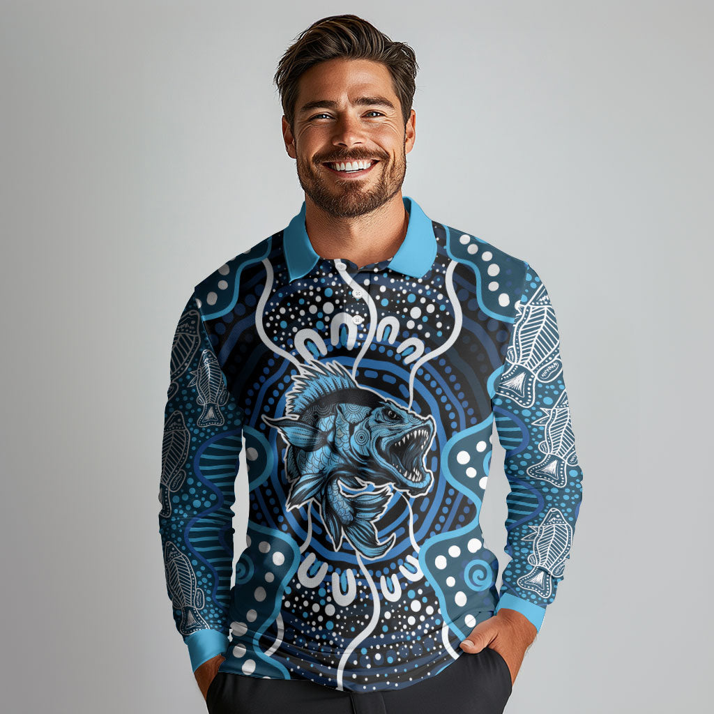 Custom Barramundi Fishing Long Sleeve Polo Shirt Indigenous Aboriginal Dot Art Blue Fish