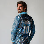 Custom Barramundi Fishing Long Sleeve Polo Shirt Indigenous Aboriginal Dot Art Blue Fish