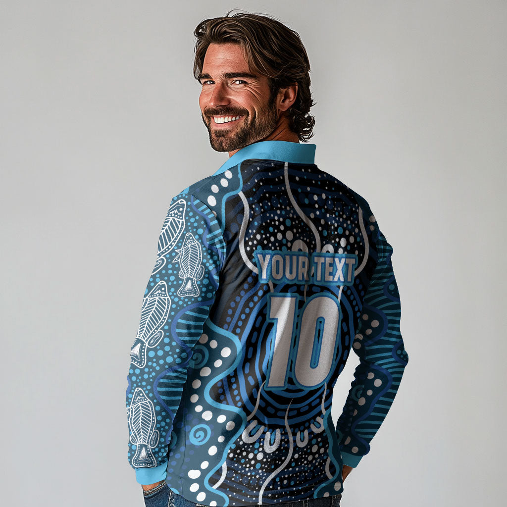 Custom Barramundi Fishing Long Sleeve Polo Shirt Indigenous Aboriginal Dot Art Blue Fish