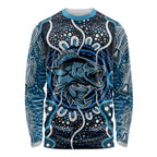 Custom Barramundi Fishing Long Sleeve Shirt Indigenous Aboriginal Dot Art Blue Fish