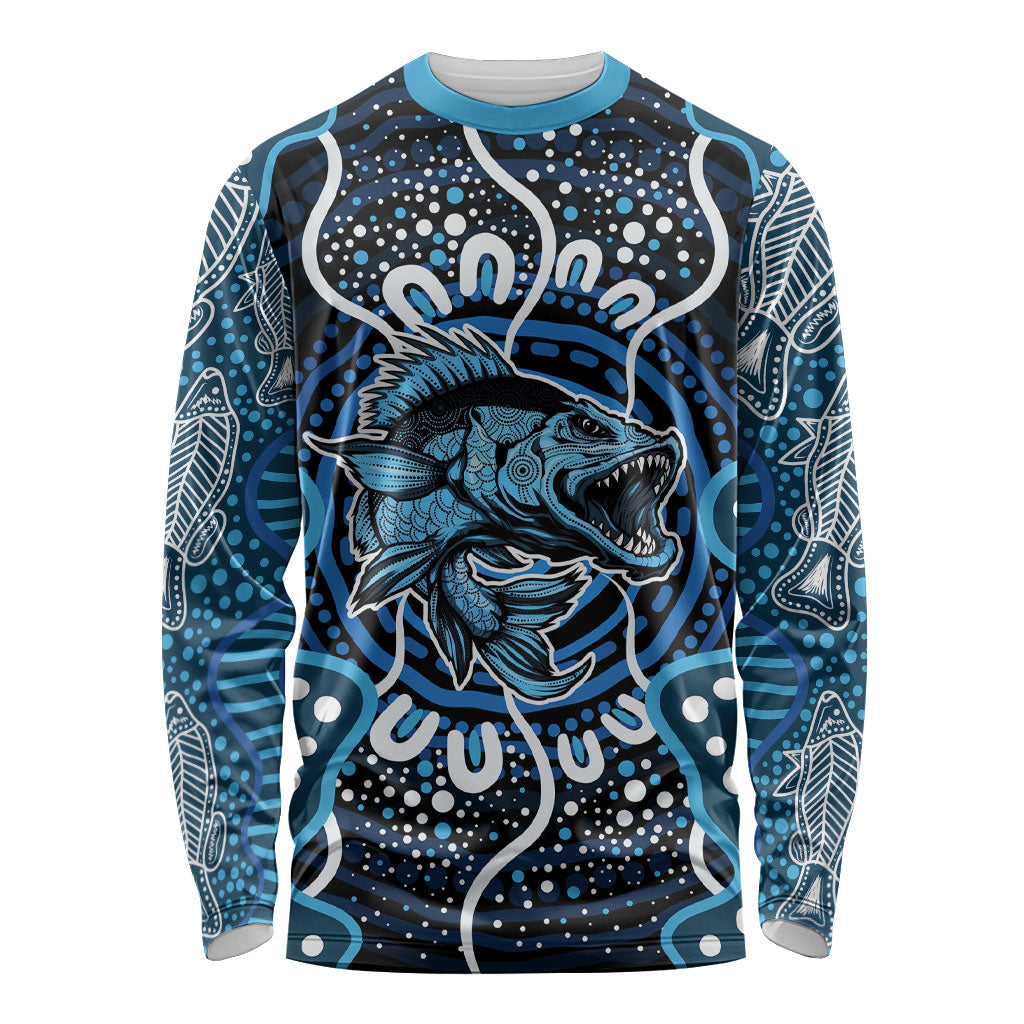 Custom Barramundi Fishing Long Sleeve Shirt Indigenous Aboriginal Dot Art Blue Fish