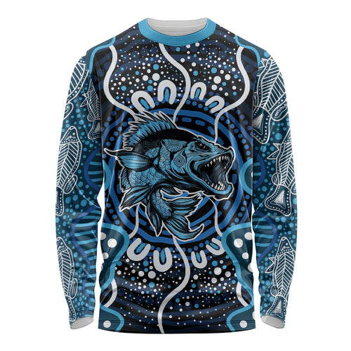 Custom Barramundi Fishing Long Sleeve Shirt Indigenous Aboriginal Dot Art Blue Fish