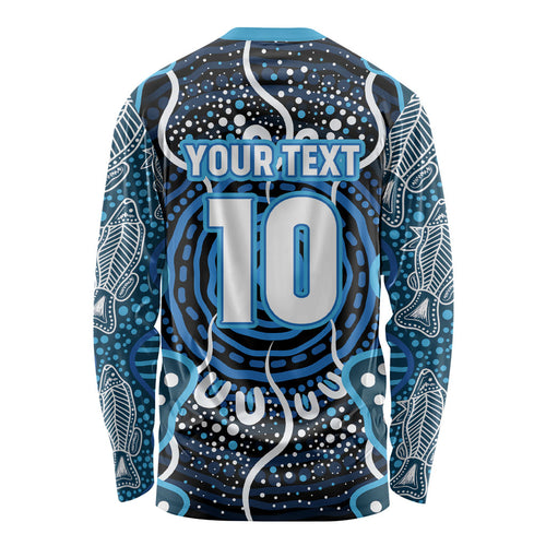 Custom Barramundi Fishing Long Sleeve Shirt Indigenous Aboriginal Dot Art Blue Fish