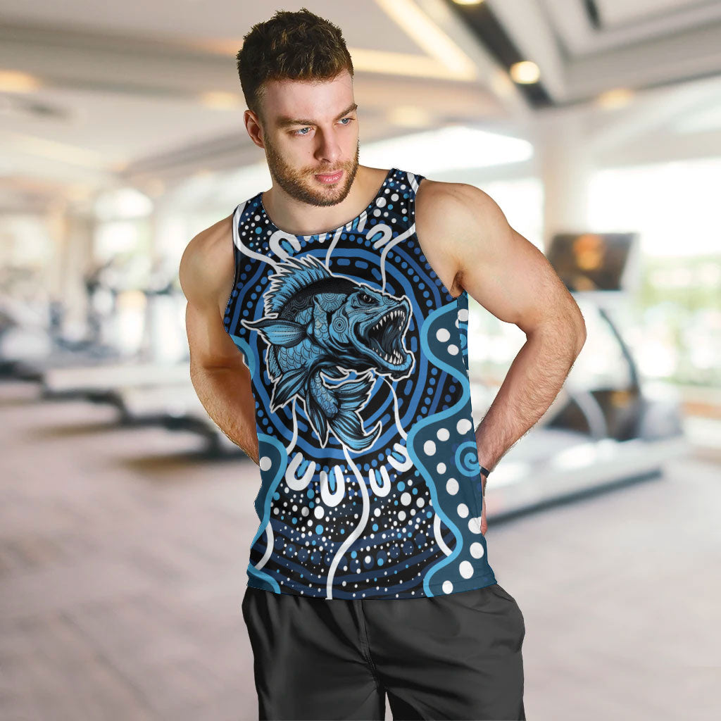 Custom Barramundi Fishing Men Tank Top Indigenous Aboriginal Dot Art Blue Fish