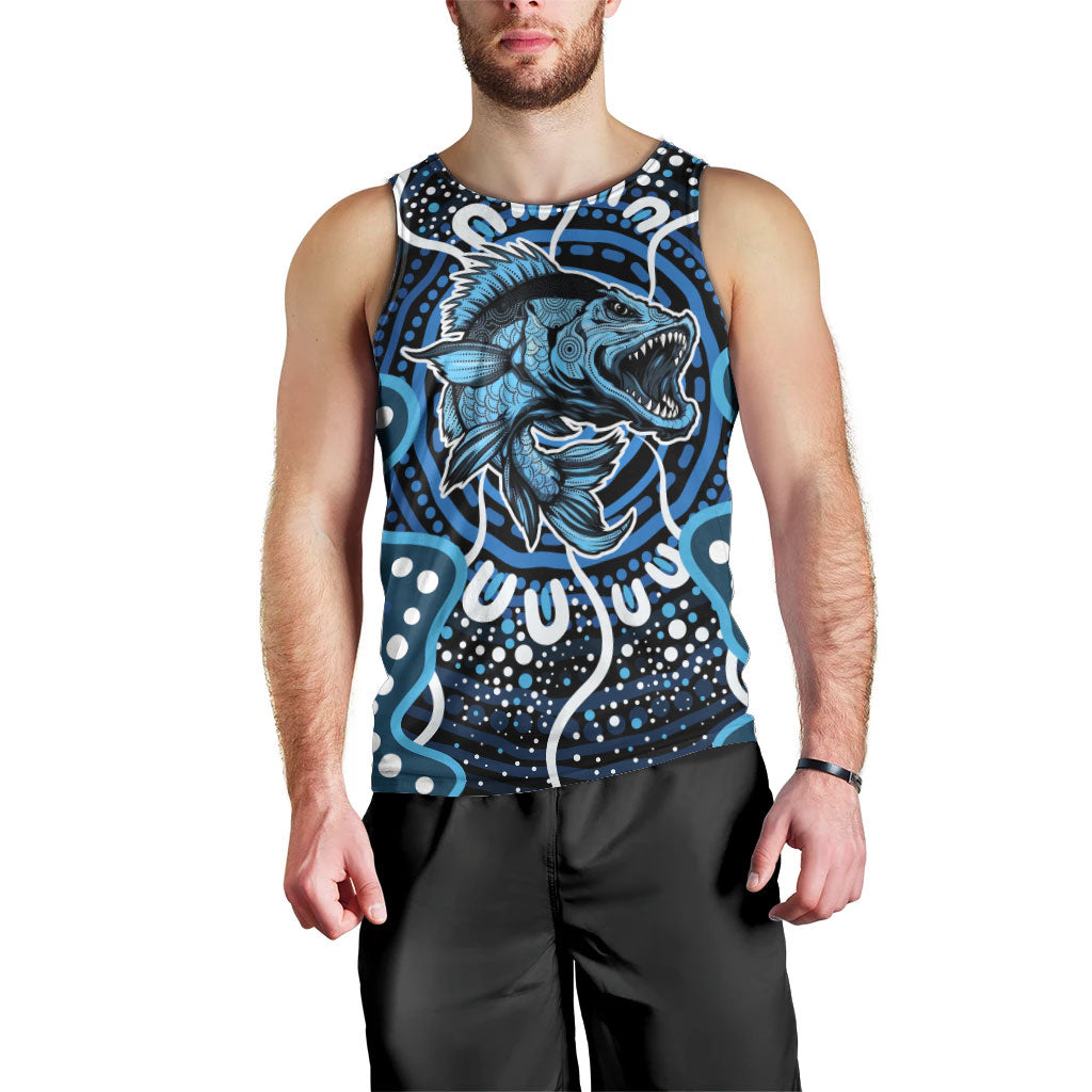 Custom Barramundi Fishing Men Tank Top Indigenous Aboriginal Dot Art Blue Fish