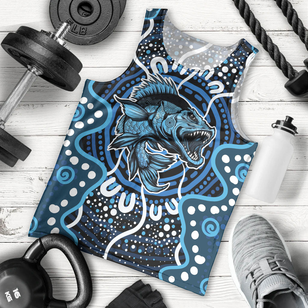 Custom Barramundi Fishing Men Tank Top Indigenous Aboriginal Dot Art Blue Fish