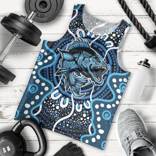 Custom Barramundi Fishing Men Tank Top Indigenous Aboriginal Dot Art Blue Fish