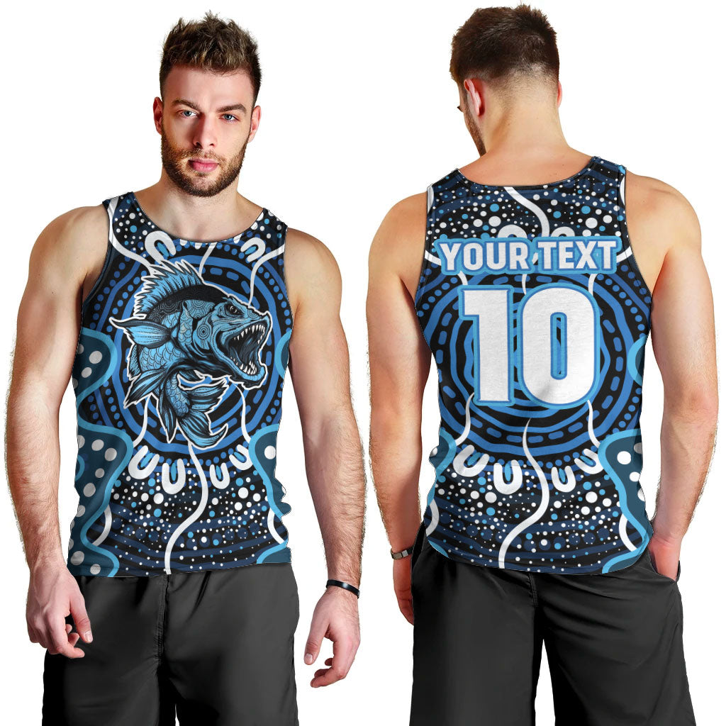 Custom Barramundi Fishing Men Tank Top Indigenous Aboriginal Dot Art Blue Fish