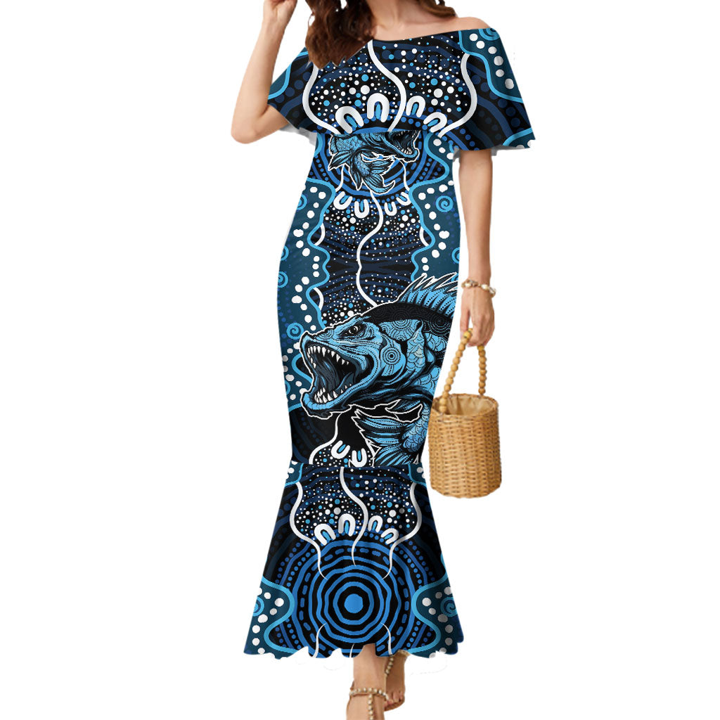 Custom Barramundi Fishing Mermaid Dress Indigenous Aboriginal Dot Art Blue Fish