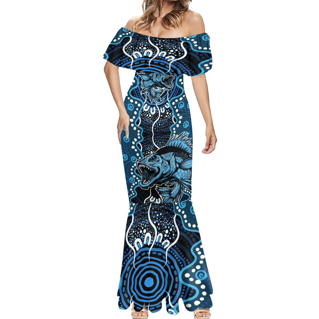 Custom Barramundi Fishing Mermaid Dress Indigenous Aboriginal Dot Art Blue Fish