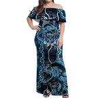 Custom Barramundi Fishing Off Shoulder Maxi Dress Indigenous Aboriginal Dot Art Blue Fish