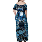 Custom Barramundi Fishing Off Shoulder Maxi Dress Indigenous Aboriginal Dot Art Blue Fish