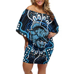 Custom Barramundi Fishing Off Shoulder Short Dress Indigenous Aboriginal Dot Art Blue Fish