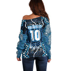 Custom Barramundi Fishing Off Shoulder Sweater Indigenous Aboriginal Dot Art Blue Fish