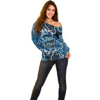Custom Barramundi Fishing Off Shoulder Sweater Indigenous Aboriginal Dot Art Blue Fish