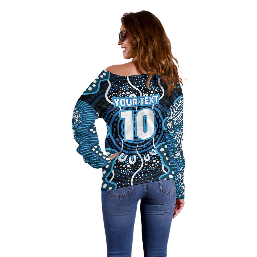 Custom Barramundi Fishing Off Shoulder Sweater Indigenous Aboriginal Dot Art Blue Fish