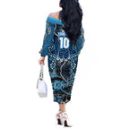 Custom Barramundi Fishing Off The Shoulder Long Sleeve Dress Indigenous Aboriginal Dot Art Blue Fish