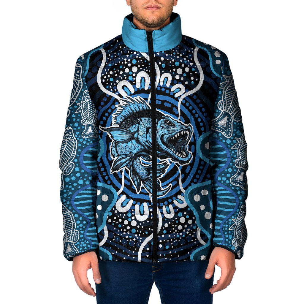 Custom Barramundi Fishing Padded Jacket Indigenous Aboriginal Dot Art Blue Fish