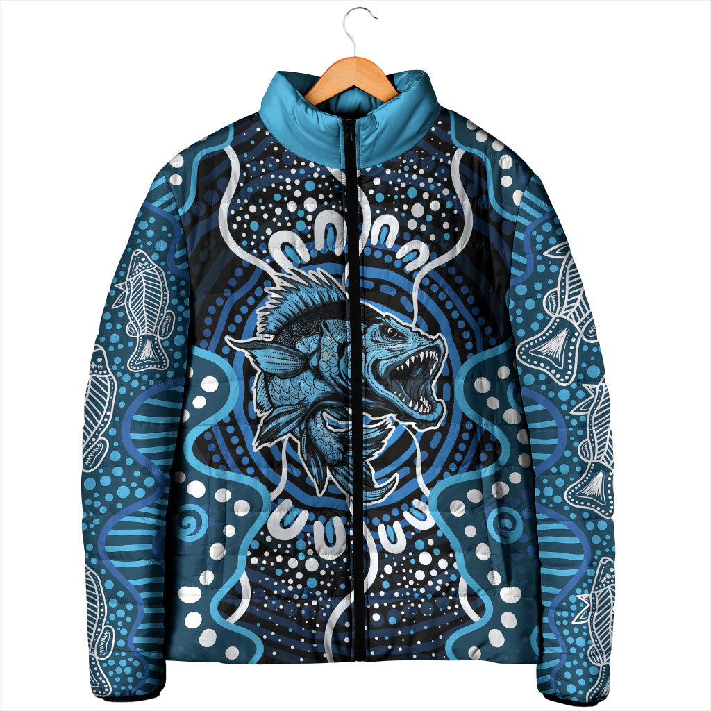 Custom Barramundi Fishing Padded Jacket Indigenous Aboriginal Dot Art Blue Fish