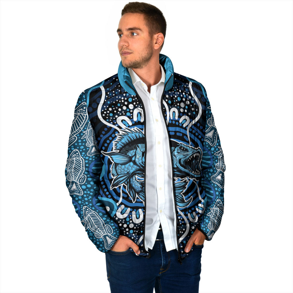 Custom Barramundi Fishing Padded Jacket Indigenous Aboriginal Dot Art Blue Fish