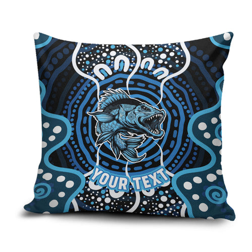 Custom Barramundi Fishing Pillow Cover Indigenous Aboriginal Dot Art Blue Fish
