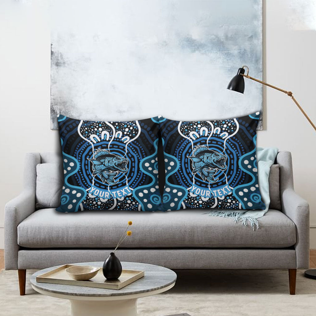 Custom Barramundi Fishing Pillow Cover Indigenous Aboriginal Dot Art Blue Fish