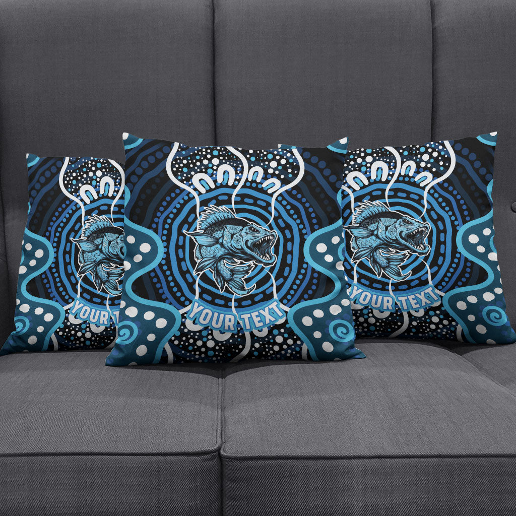 Custom Barramundi Fishing Pillow Cover Indigenous Aboriginal Dot Art Blue Fish