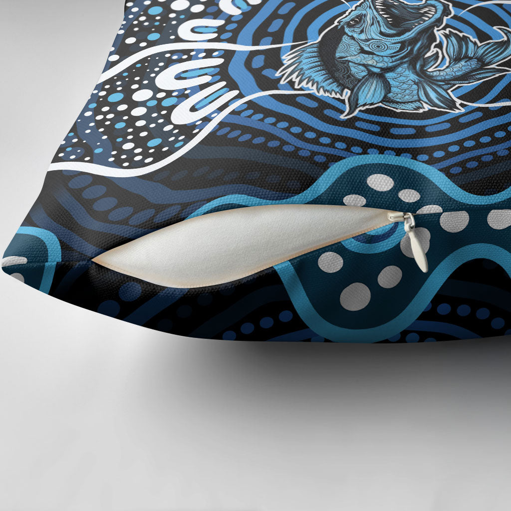 Custom Barramundi Fishing Pillow Cover Indigenous Aboriginal Dot Art Blue Fish