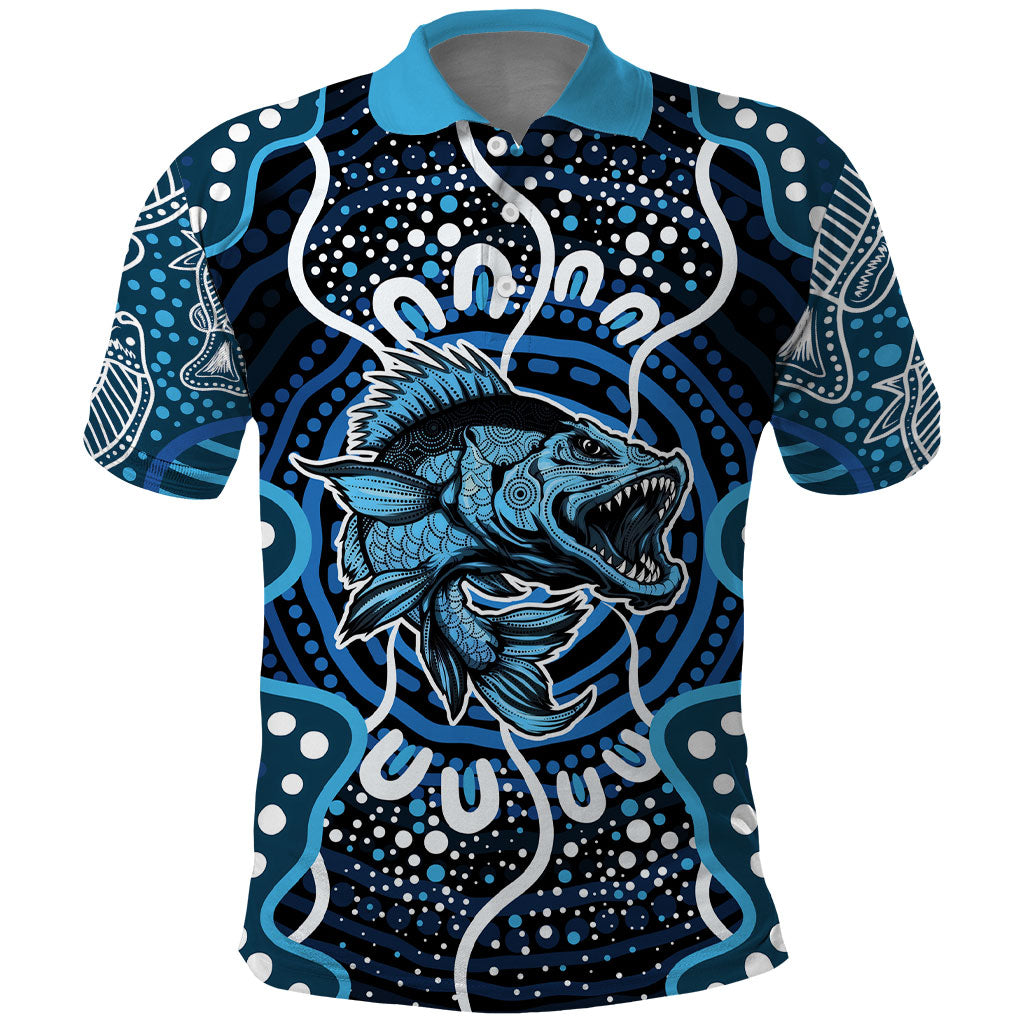 Custom Barramundi Fishing Polo Shirt Indigenous Aboriginal Dot Art Blue Fish