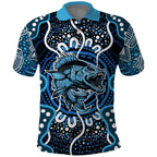Custom Barramundi Fishing Polo Shirt Indigenous Aboriginal Dot Art Blue Fish