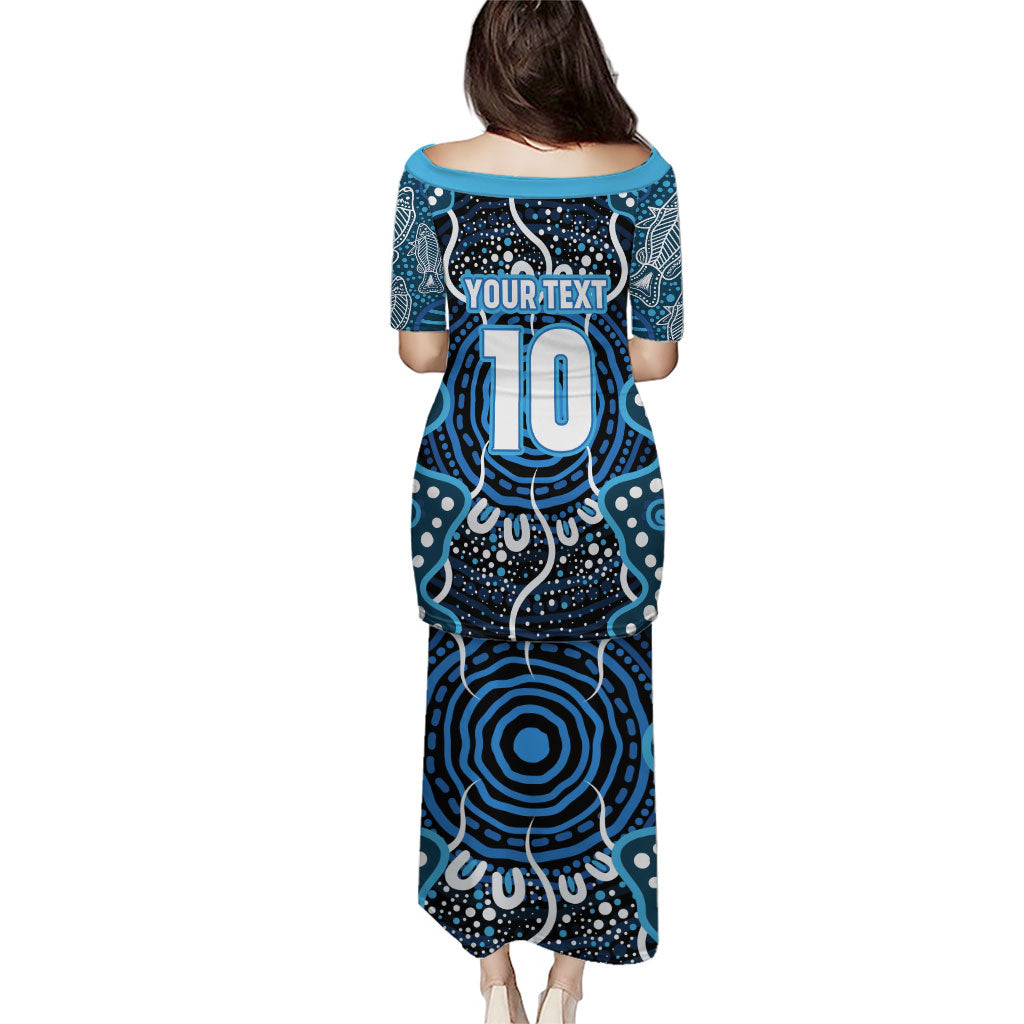 Custom Barramundi Fishing Puletasi Indigenous Aboriginal Dot Art Blue Fish