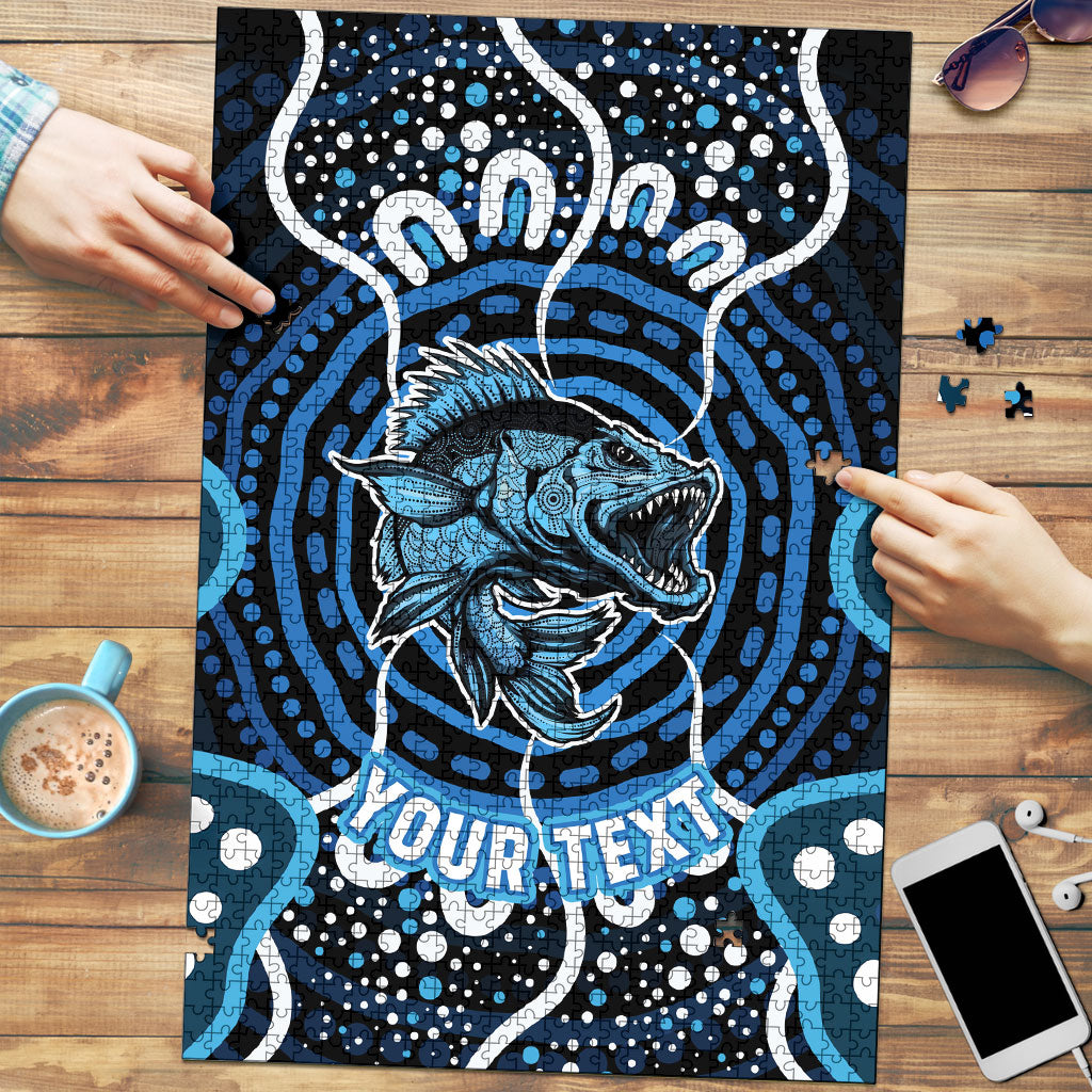 Custom Barramundi Fishing Puzzle Indigenous Aboriginal Dot Art Blue Fish