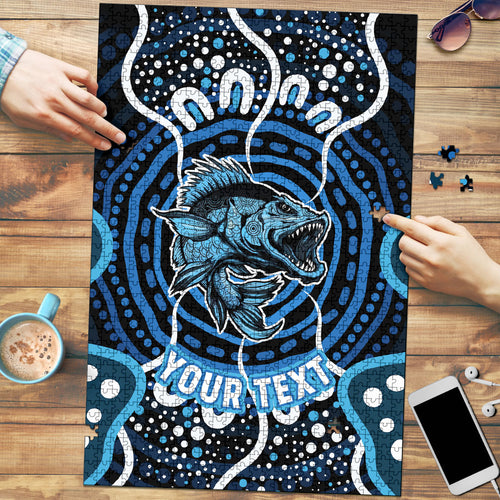 Custom Barramundi Fishing Puzzle Indigenous Aboriginal Dot Art Blue Fish