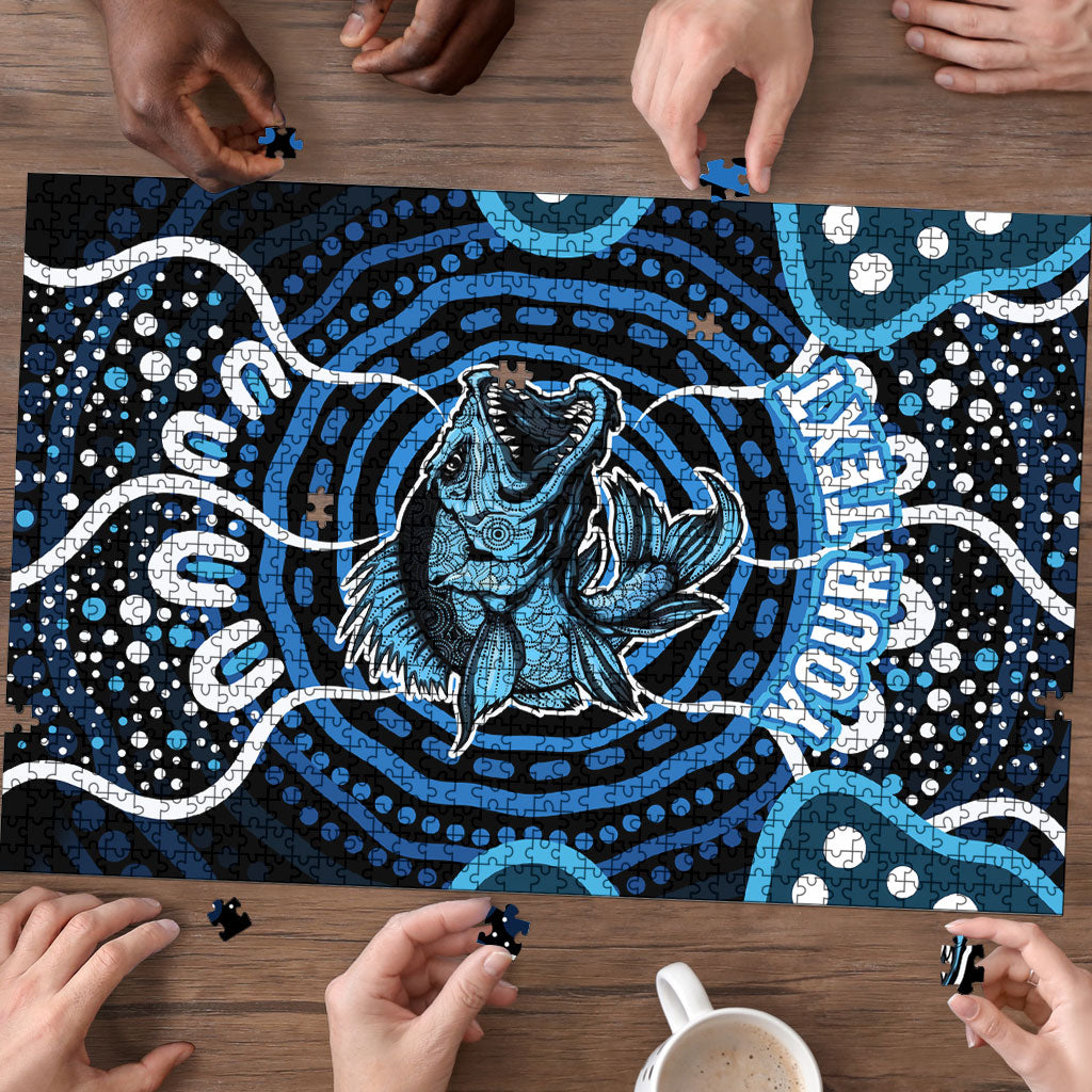 Custom Barramundi Fishing Puzzle Indigenous Aboriginal Dot Art Blue Fish