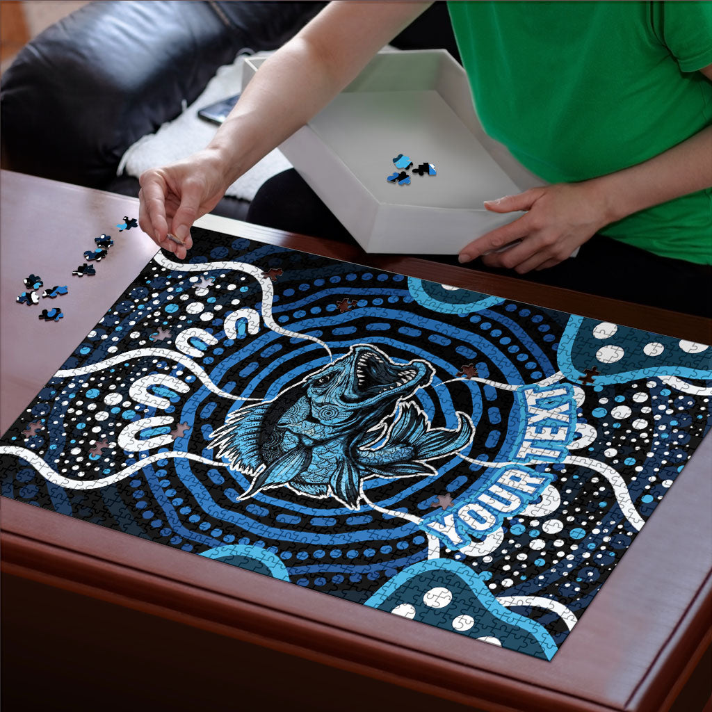 Custom Barramundi Fishing Puzzle Indigenous Aboriginal Dot Art Blue Fish