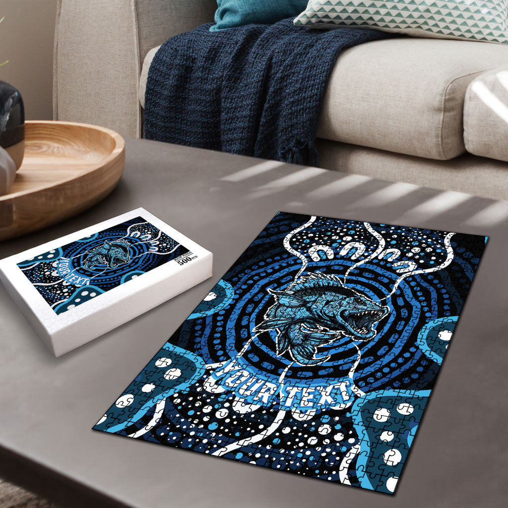 Custom Barramundi Fishing Puzzle Indigenous Aboriginal Dot Art Blue Fish