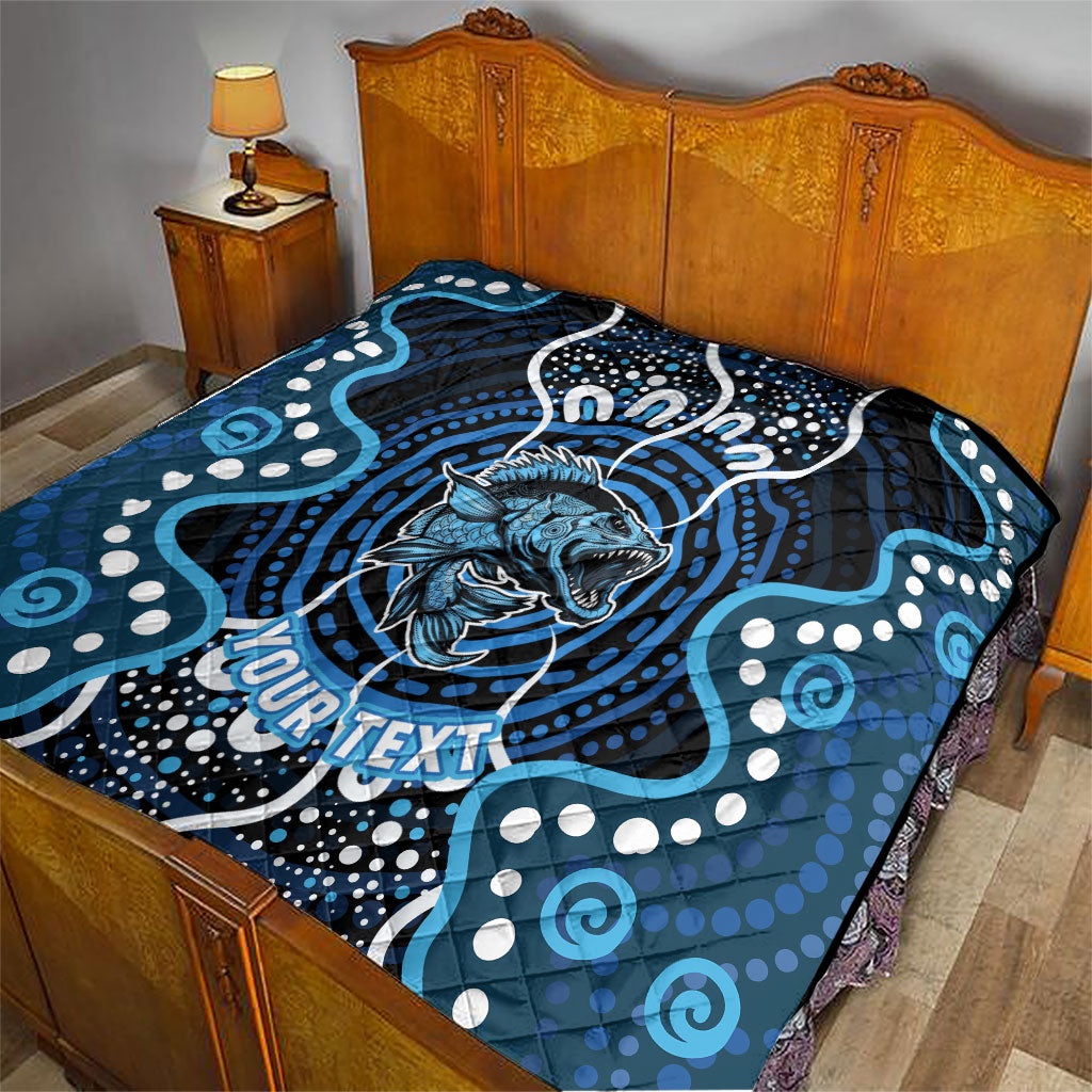 Custom Barramundi Fishing Quilt Indigenous Aboriginal Dot Art Blue Fish