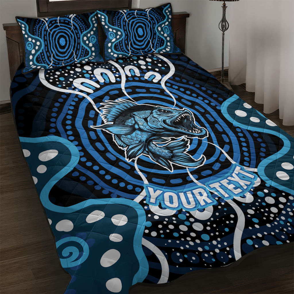 Custom Barramundi Fishing Quilt Bed Set Indigenous Aboriginal Dot Art Blue Fish