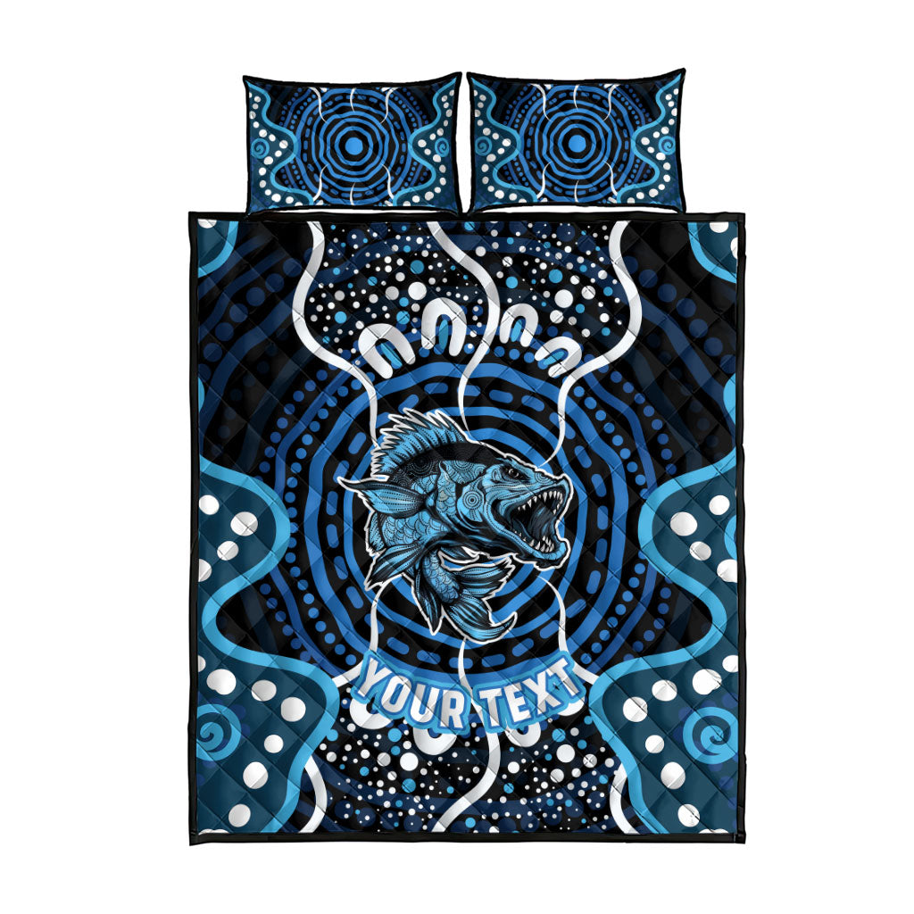 Custom Barramundi Fishing Quilt Bed Set Indigenous Aboriginal Dot Art Blue Fish