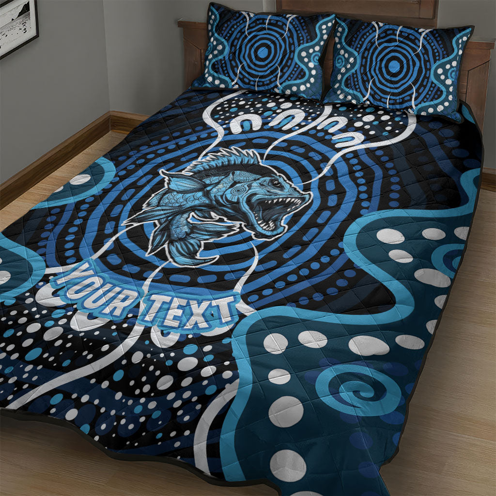 Custom Barramundi Fishing Quilt Bed Set Indigenous Aboriginal Dot Art Blue Fish