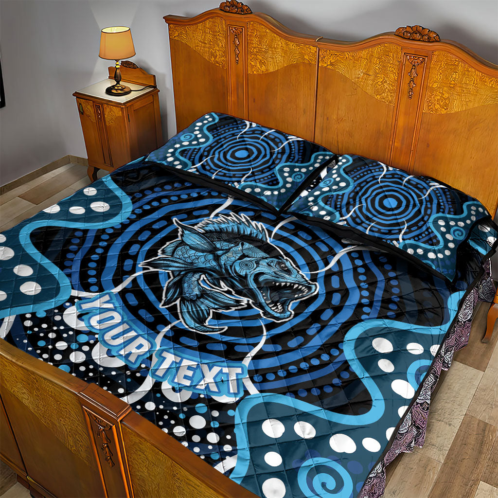 Custom Barramundi Fishing Quilt Bed Set Indigenous Aboriginal Dot Art Blue Fish