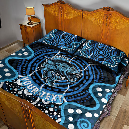 Custom Barramundi Fishing Quilt Bed Set Indigenous Aboriginal Dot Art Blue Fish