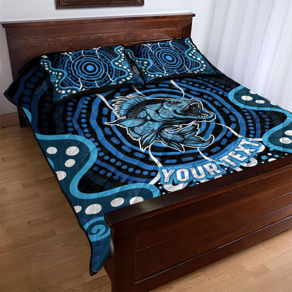 Custom Barramundi Fishing Quilt Bed Set Indigenous Aboriginal Dot Art Blue Fish