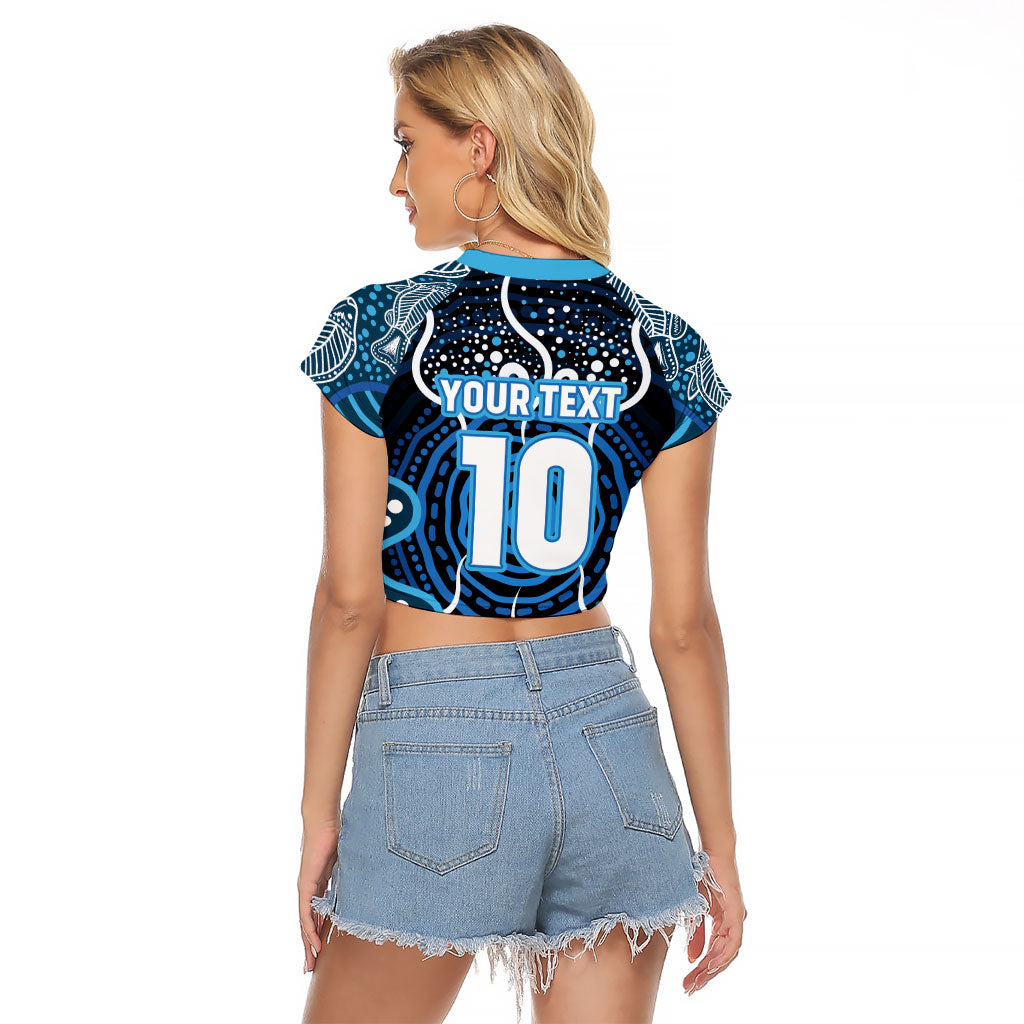 Custom Barramundi Fishing Raglan Cropped T Shirt Indigenous Aboriginal Dot Art Blue Fish