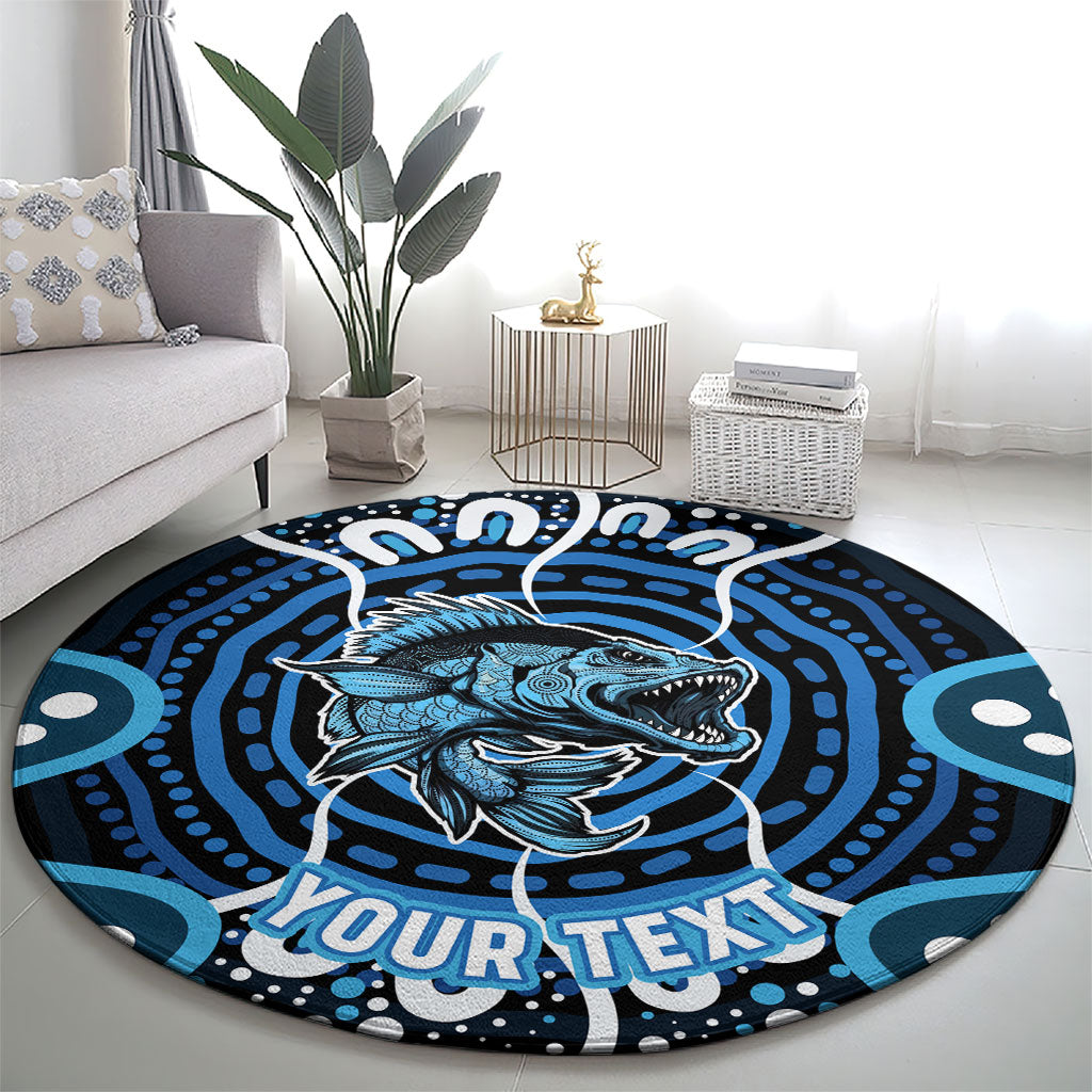 Custom Barramundi Fishing Round Carpet Indigenous Aboriginal Dot Art Blue Fish