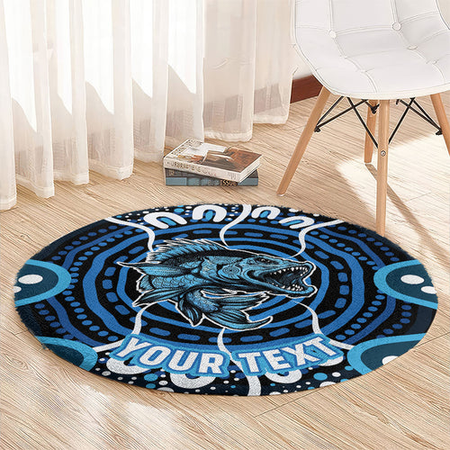 Custom Barramundi Fishing Round Carpet Indigenous Aboriginal Dot Art Blue Fish