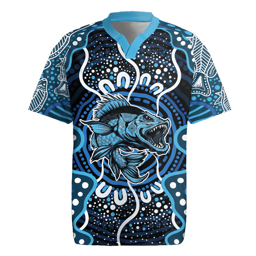 Custom Barramundi Fishing Rugby Jersey Indigenous Aboriginal Dot Art Blue Fish