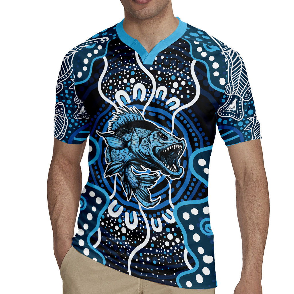 Custom Barramundi Fishing Rugby Jersey Indigenous Aboriginal Dot Art Blue Fish